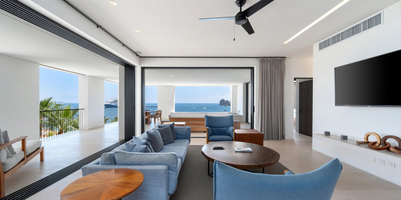 Living room with the bay as the fourth wall